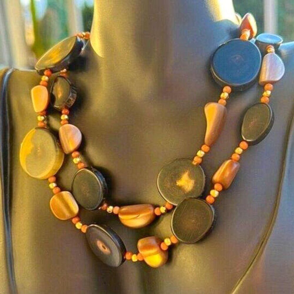 Vintage 70's Natural Horn, Coral & Abalone Shell Necklace 25”